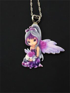 Hand Crafted ✦ Purple Fairy Girl Acrylic Pendant Necklace ✦ Silver Chain NWT